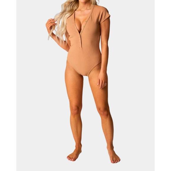 NEW BUDDYLOVE mona short sleeve one-piece swimsuit in tan - Picture 1 of 4